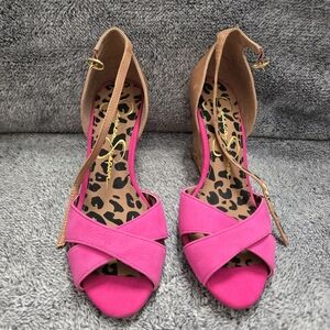 Jessica Simpson Hot Pink Crisscross Wedge Sandals with Tan Ankle Strap